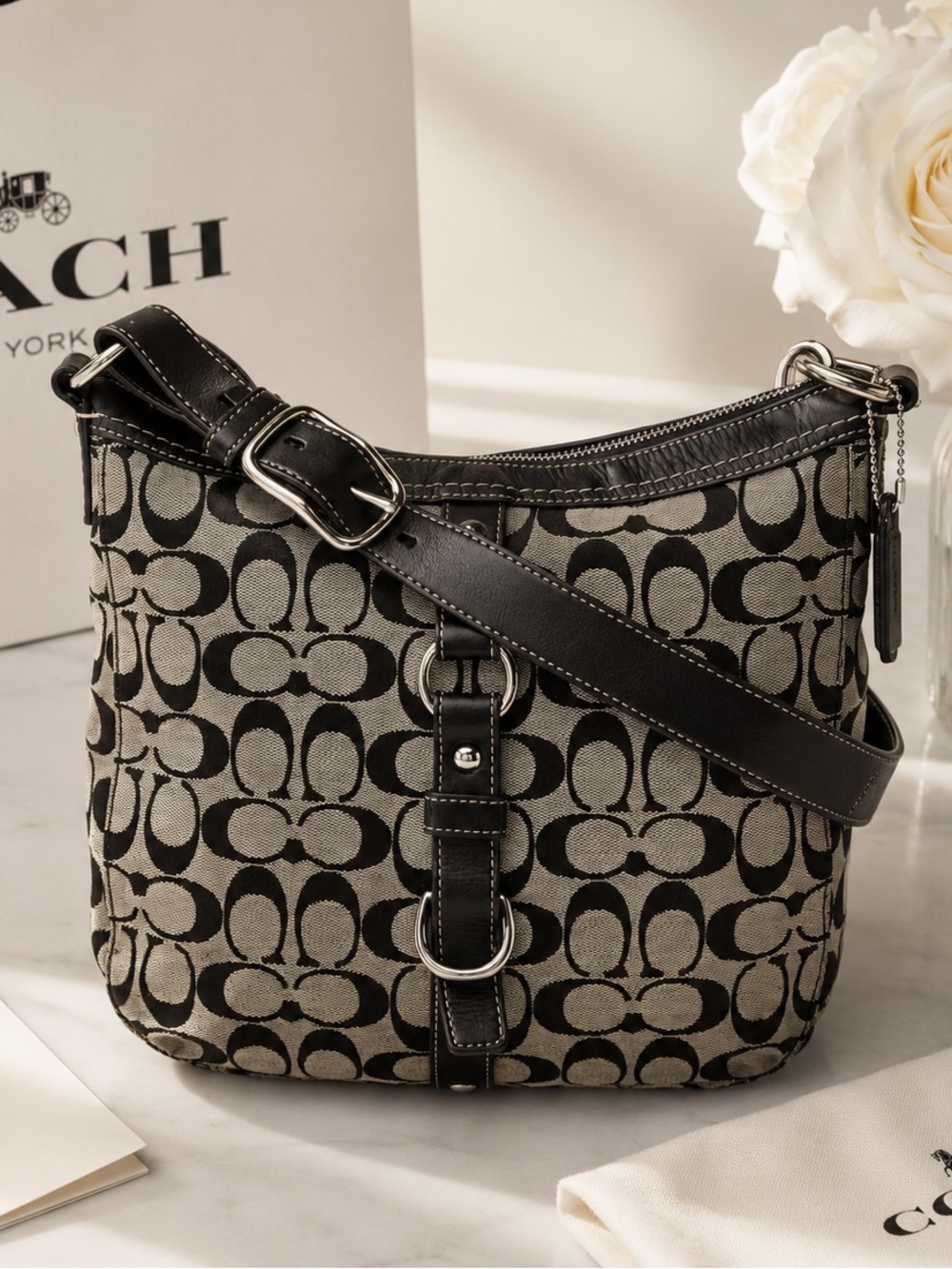 Coach‎ Signature Jacquard Monogram Leather Trim Shoulder Bag Black Gray Medium